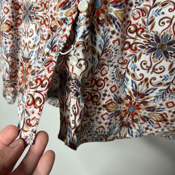 LOFT Womens Button Up Top XL Red Blue Floral Geometric Popover Boho Flowy - Picture 7 of 11